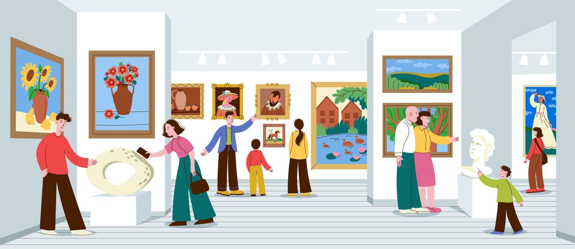 Visitors enjoy an art gallery exhibition vector