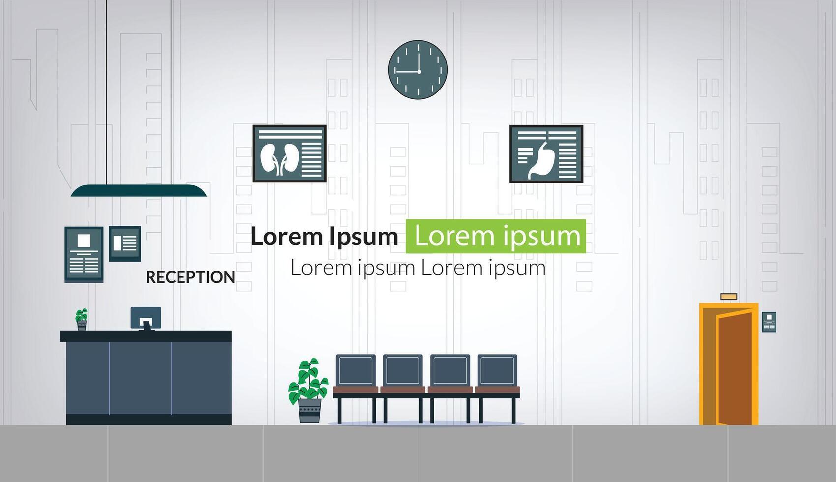 Reception room design with front desk and chairs vector