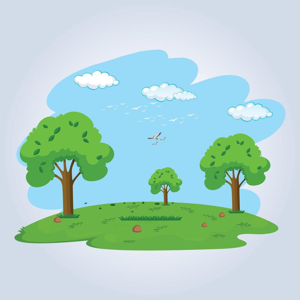 Green grass landscape art design with blue sky and birds like a garden vector