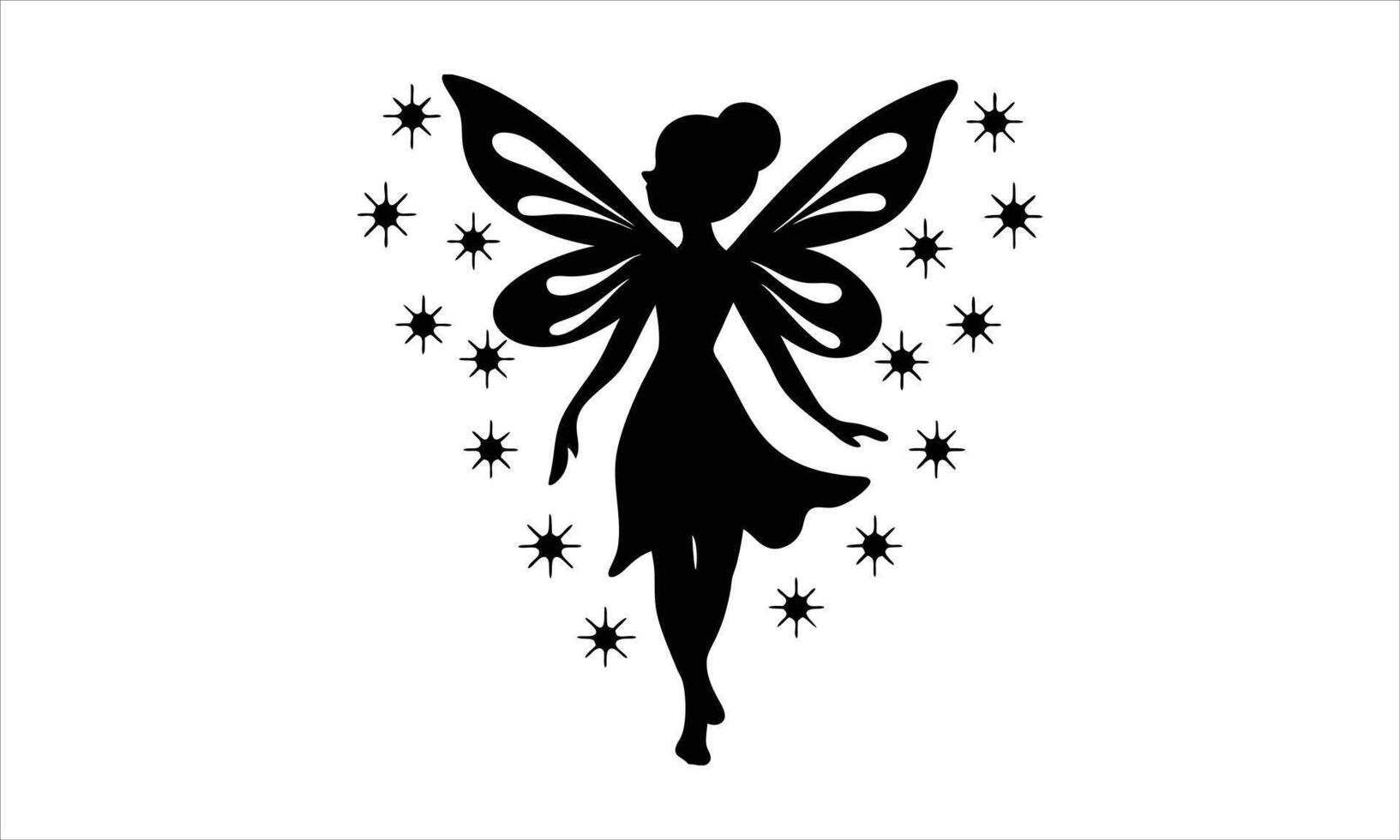 Silhouetted fairy with wings and stars vector
