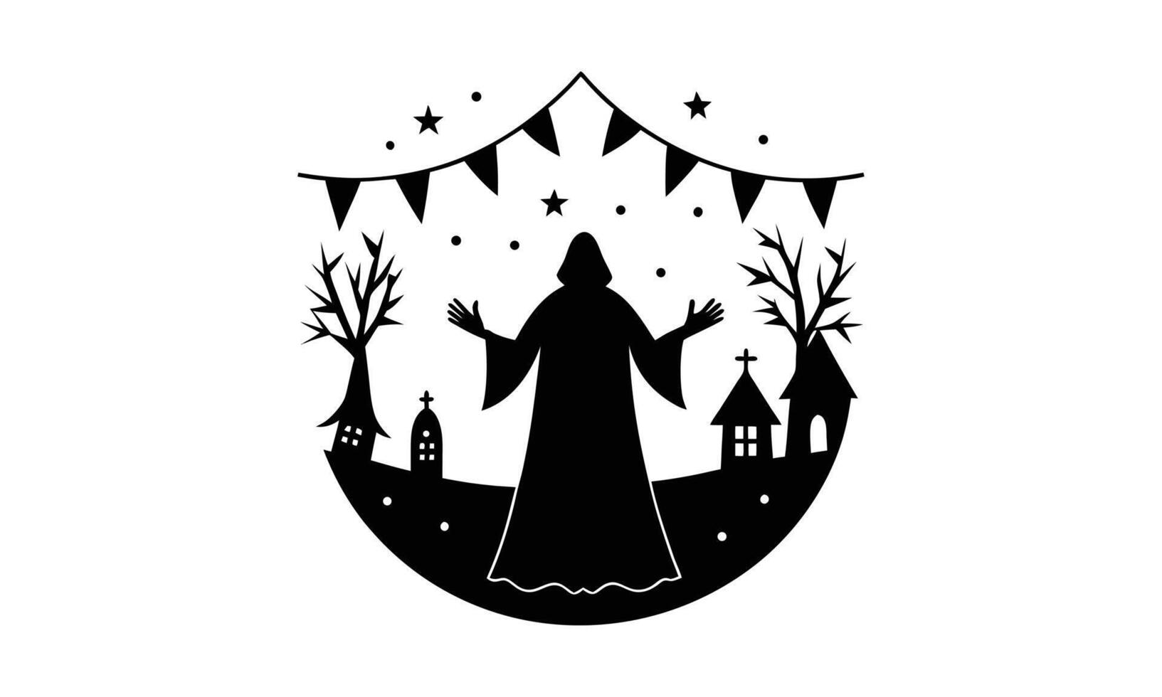 Silhouette of a hooded figure in a spooky village vector