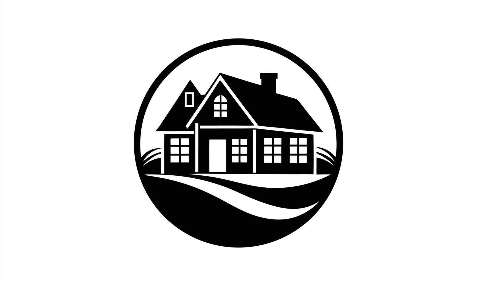 Suburban home landscape design black and white icon vector