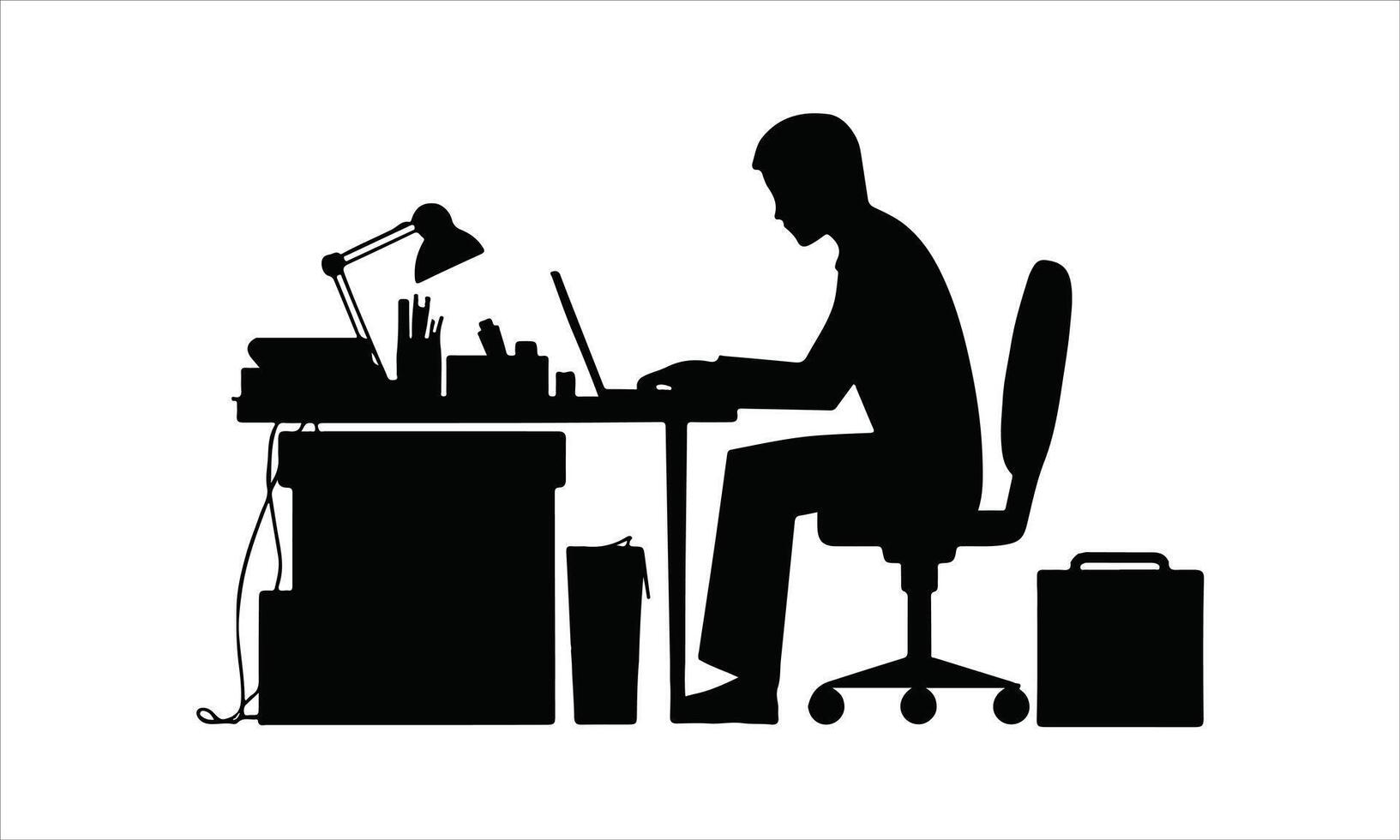Man working at desk laptop office silhouette vector