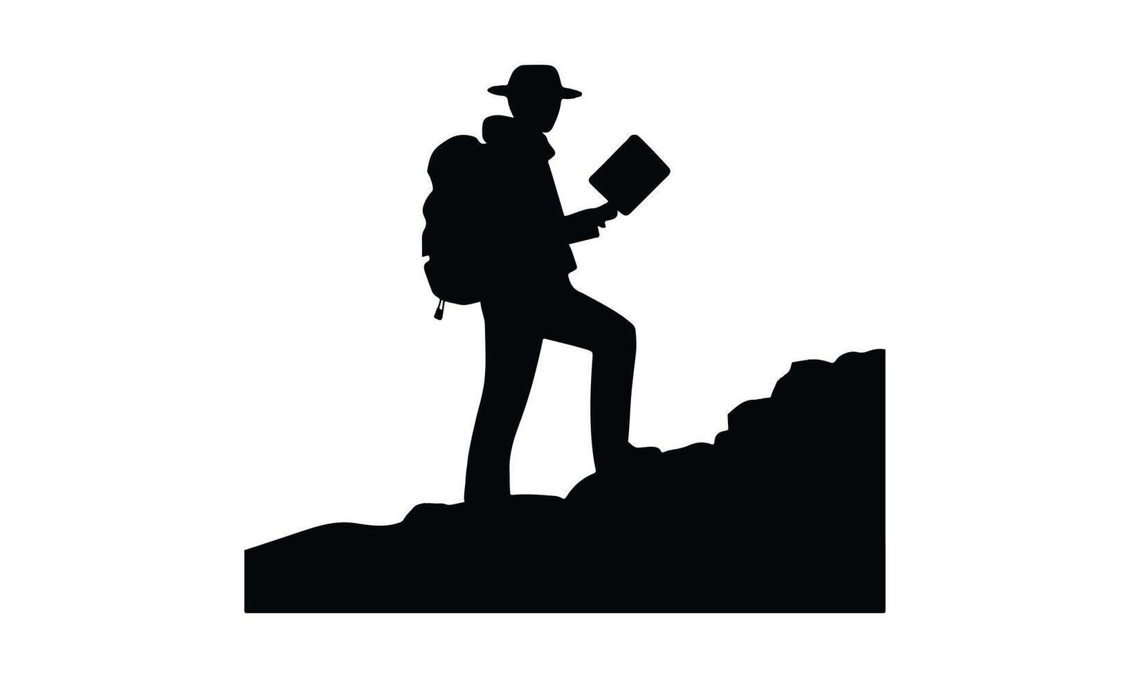 Hiker silhouette climbing mountain with backpack map vector