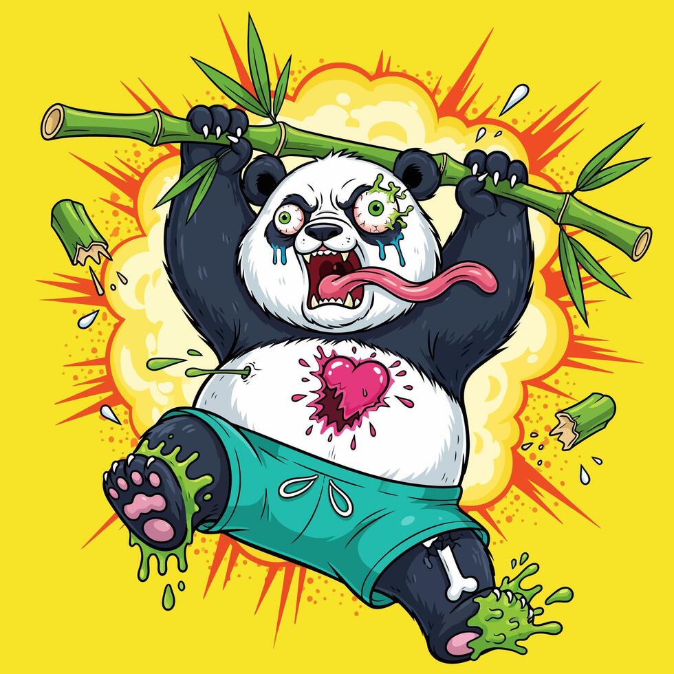 Zombie Panda Eats Bamboo Cartoon Character. vector