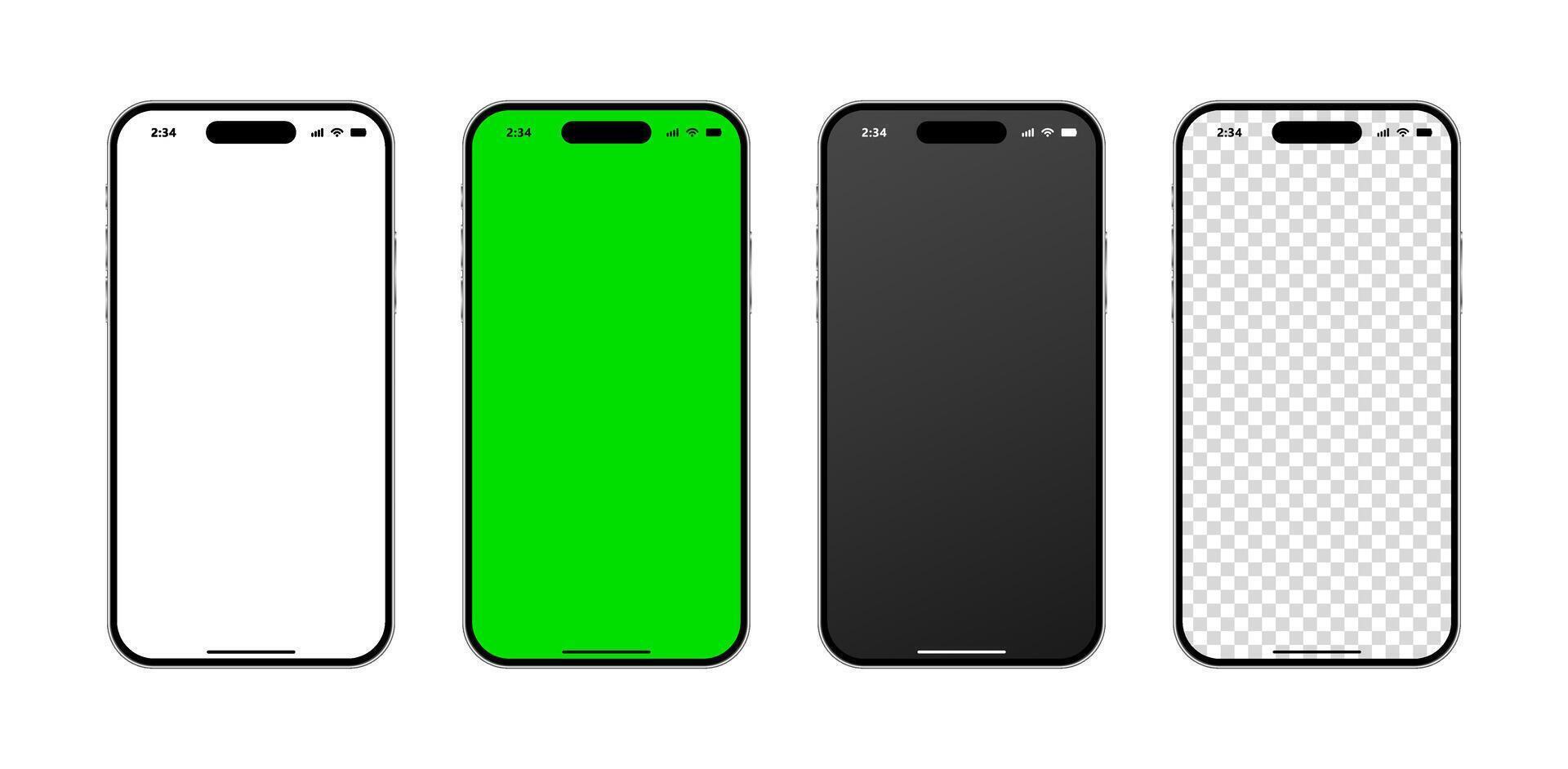 Realistic mobile phone mockup with blank green screen, black display for advertisement and social media template. Smartphone with notification icons illustration vector