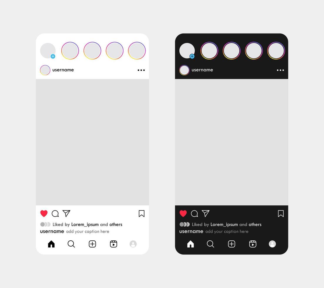 Social media light and dark mode mockup template design. Social network blank user interface layout for post advertisement illustration vector