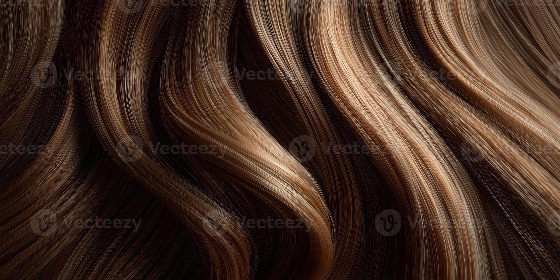 Full-frame top-down view of long wavy hair, natural chestnut brown, soft sidelight enhancing curves and shadows, silky texture. photo