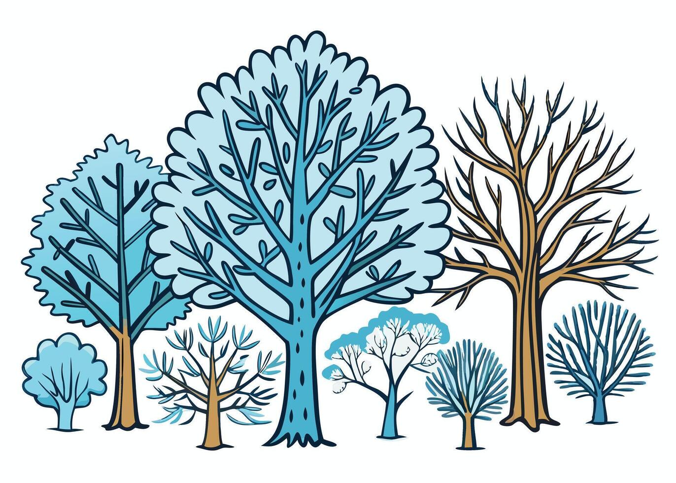 A illustration of trees, capturing the essence of nature through silhouettes of branches and leaves, depicting the changing seasons from winter snow to spring blossoms and autumn landscapes vector