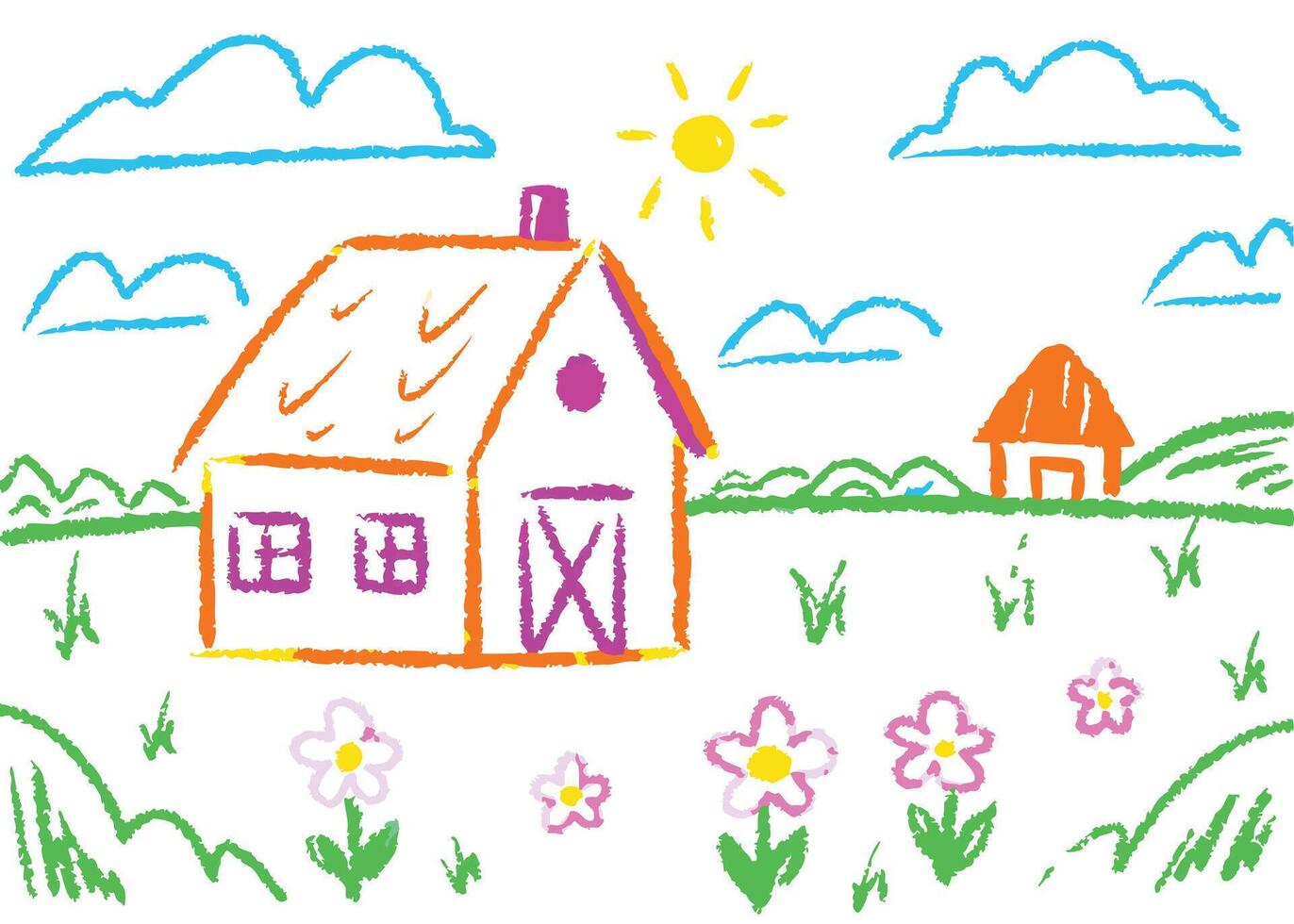 illustration of a charming cottage on a sun-kissed meadow with colorful flowers, under a bright summer sky vector