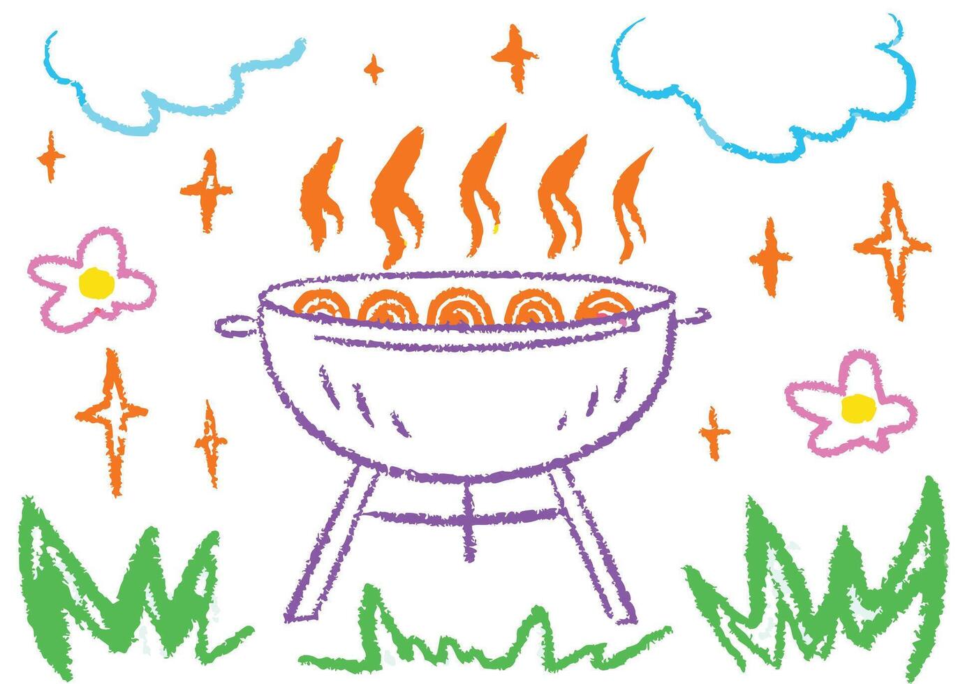 A vibrant cartoon illustration of a barbecue grill set with hot food, perfect for a restaurant logo or a BBQ meal concept design vector