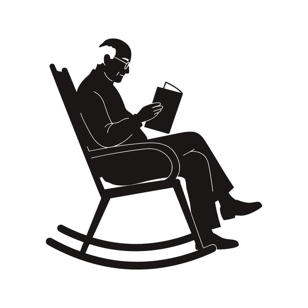 Silhouette of elderly man reading a book while sitting in a rocking chair vector