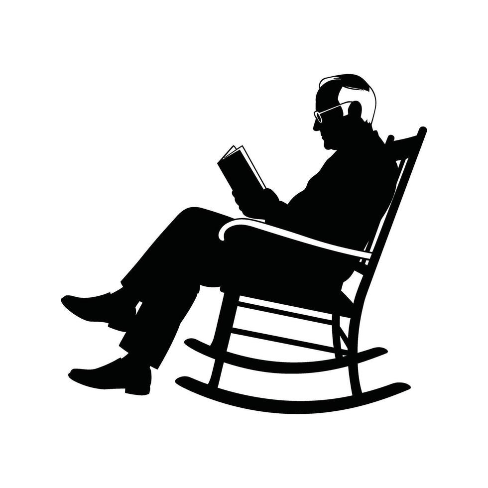 Silhouette of senior man reading a book while sitting in a rocking chair vector