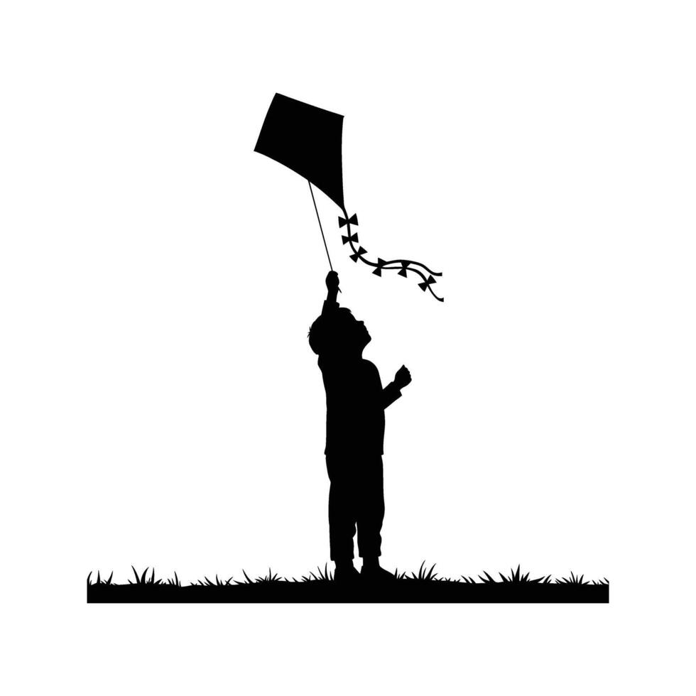 Silhouette of a Child Flying a Kite in a Field Outdoor Fun Black and White Illustration vector