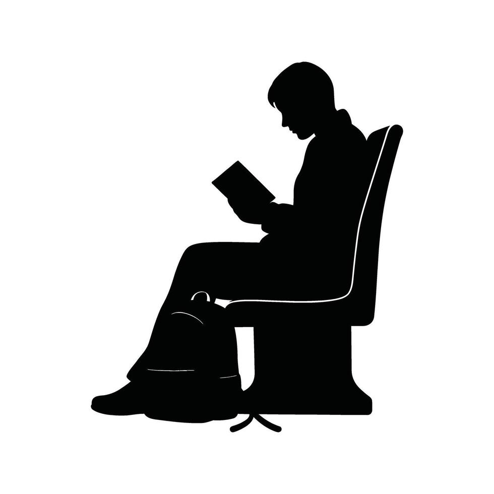 Silhouette of a person sitting and reading a book waiting travel backpack vector