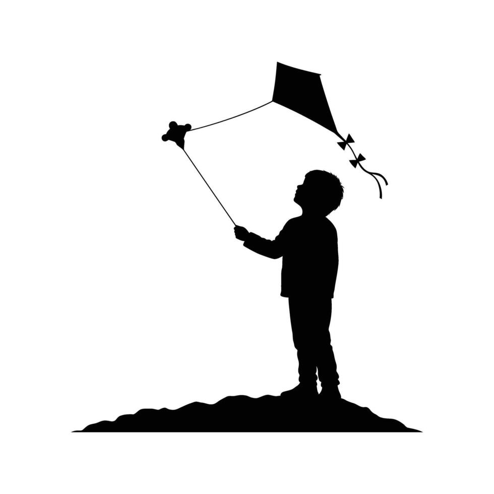 Silhouette of a Child Flying a Kite on a Hill Outdoor Fun Black and White Illustration vector
