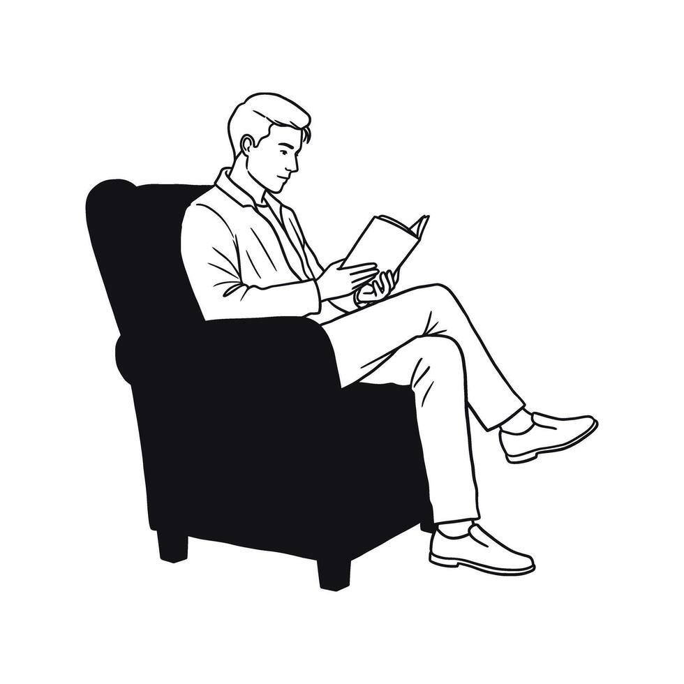Man Reading Book in Armchair Black and White Line Art Illustration vector