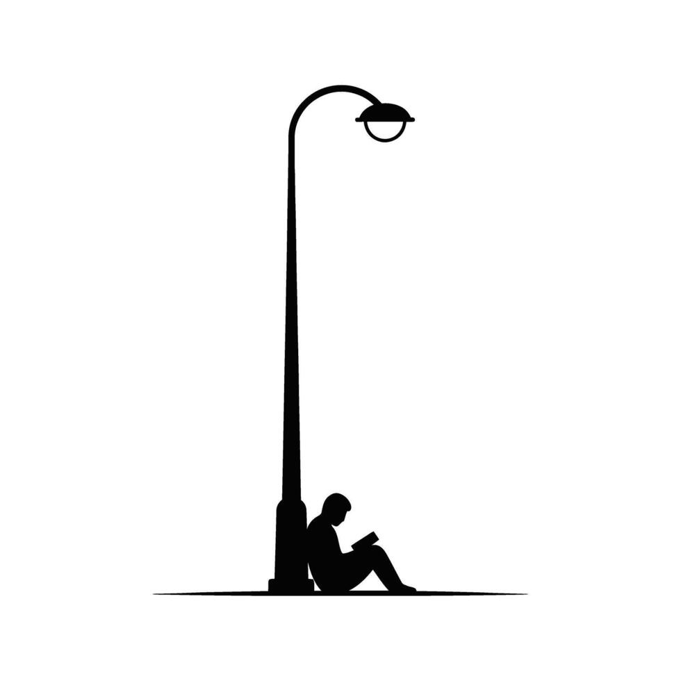 Silhouette of a person reading a book under a street lamp black and white illustration vector