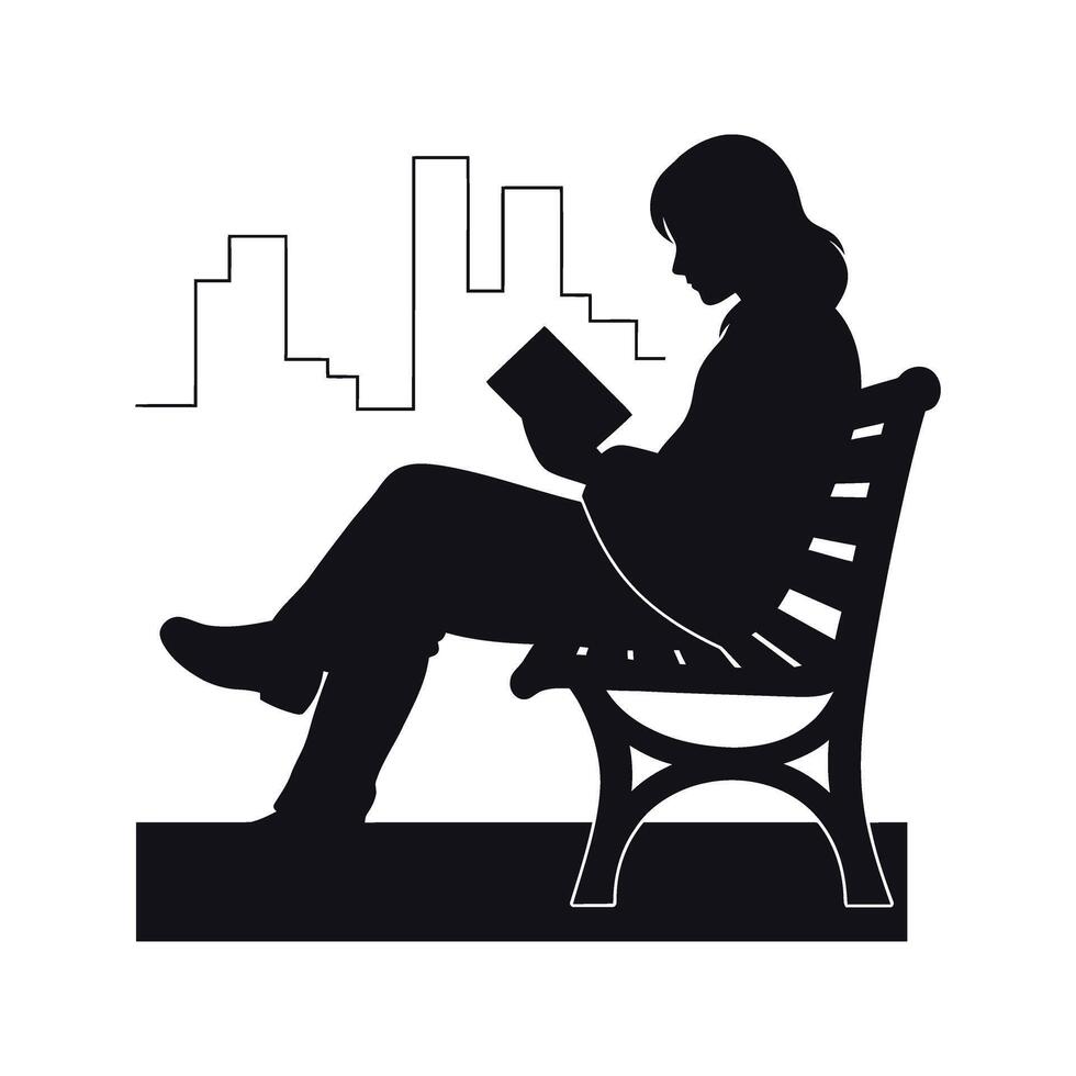 Silhouette of a person reading a book on a park bench in the city vector