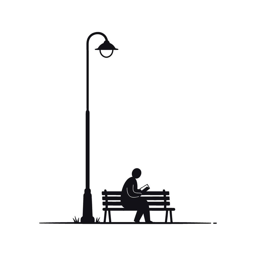 Person reading book on park bench under street lamp black and white illustration vector