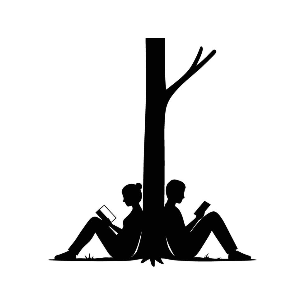 Silhouette of Couple Reading Books Under a Tree Book Lovers Reading Nature vector