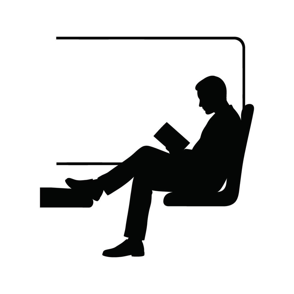 Silhouette of a man reading a book while sitting on a train public transportation commute travel reading man silhouette vector