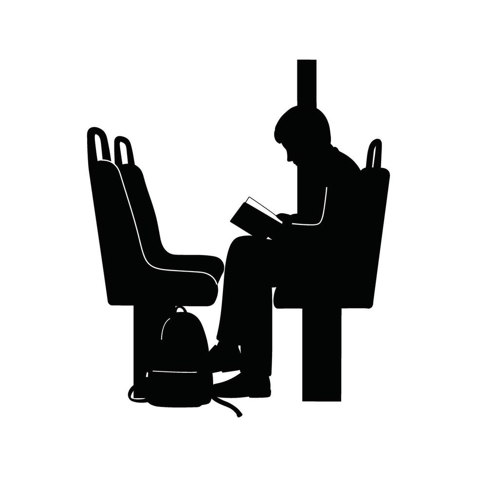 Silhouette of a person reading a book while sitting on a bus illustration vector