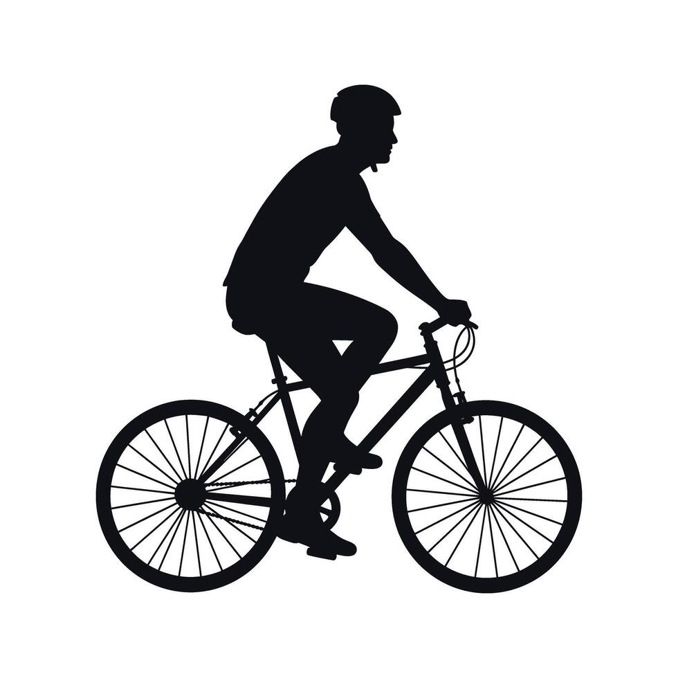 Silhouette of cyclist riding bicycle wearing helmet black and white illustration vector