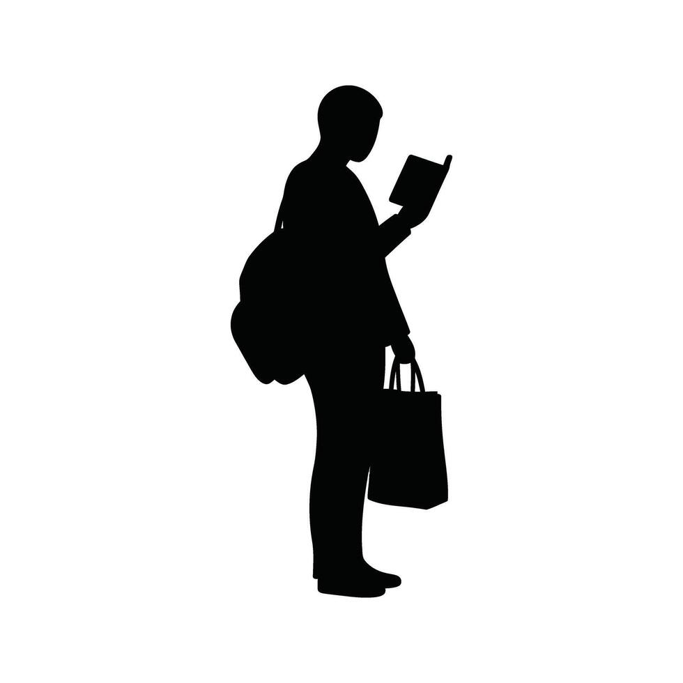 Silhouette of a person reading a book carrying a backpack and shopping bag vector