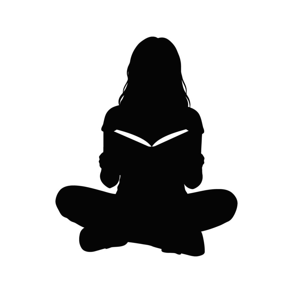 Silhouette of Woman Sitting Crosslegged and Reading a Book vector