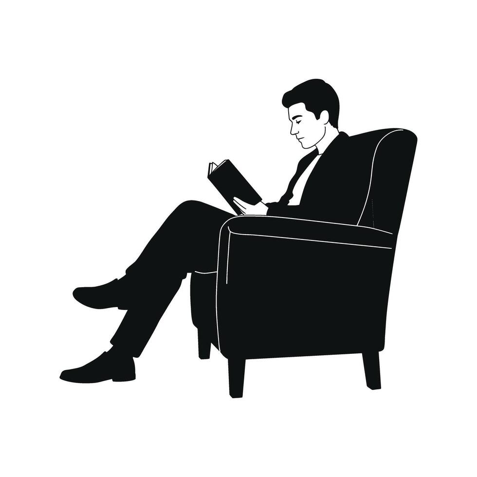Silhouette of man in a suit reading a book while sitting in an armchair vector
