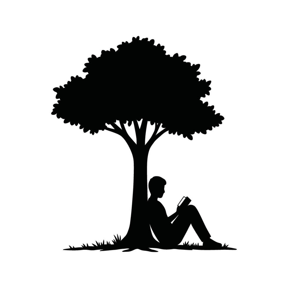 Silhouette of Person Reading Book Underneath Tree Black and White Illustration vector