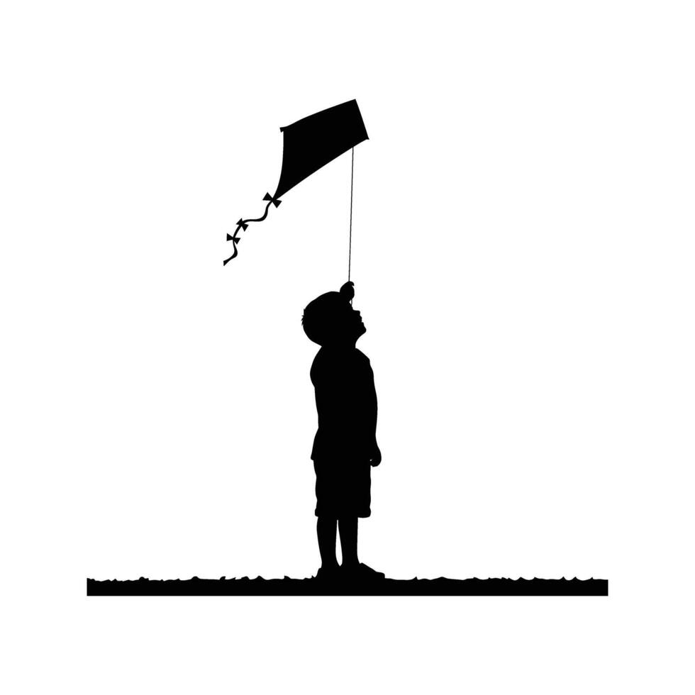 Silhouette of a Child Holding a Kite String Outdoor Fun Boy Playing Black and White Illustration vector