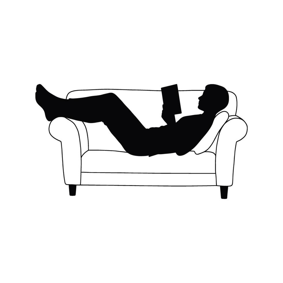 Relaxing man reading a book on a couch black and white silhouette illustration vector