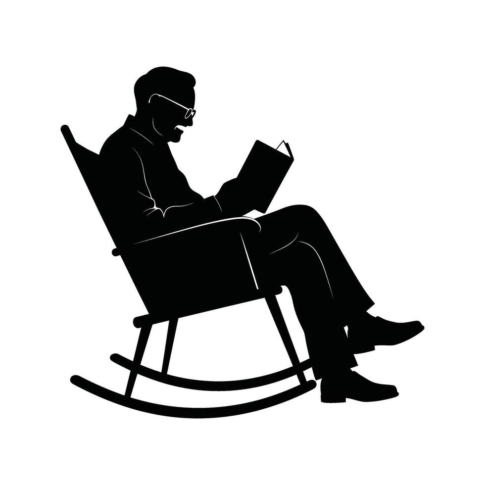 Silhouette of elderly man reading a book in a rocking chair relaxing leisure retirement old age vector