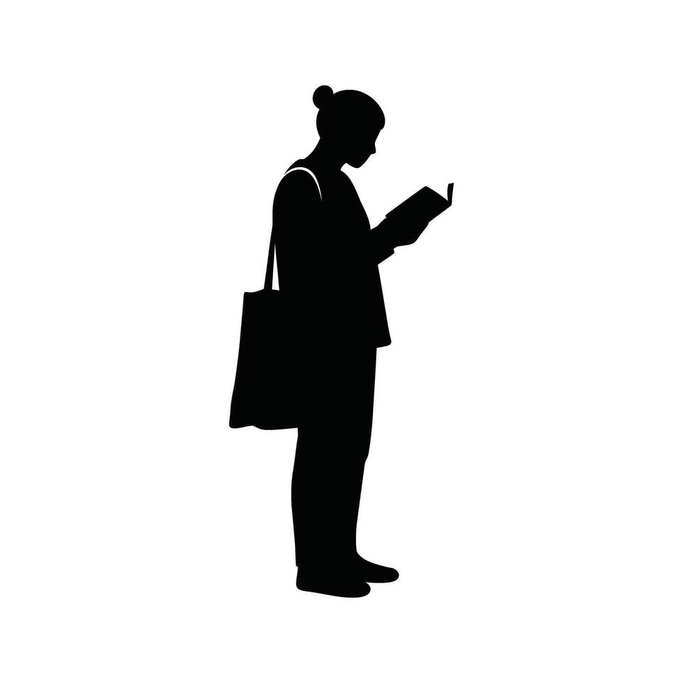 Silhouette of a woman reading a book carrying a tote bag illustration vector