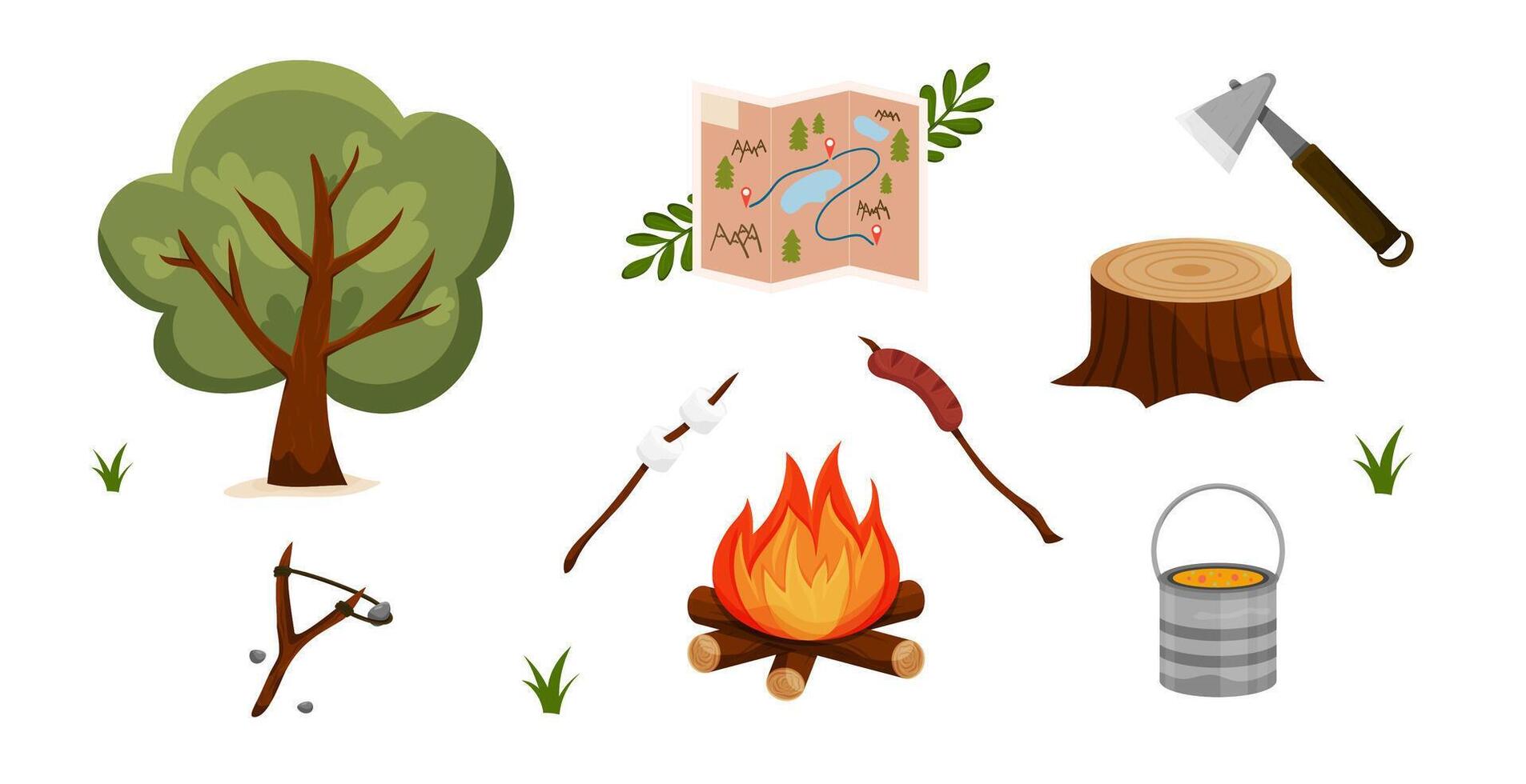 Set of camping elements including fire, map, tree, axe, food, and stump. outdoor adventure vector