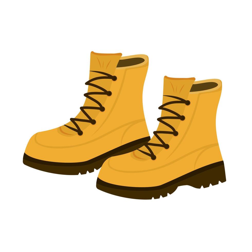Pair of yellow hiking boots with black soles and laces on white background. vector