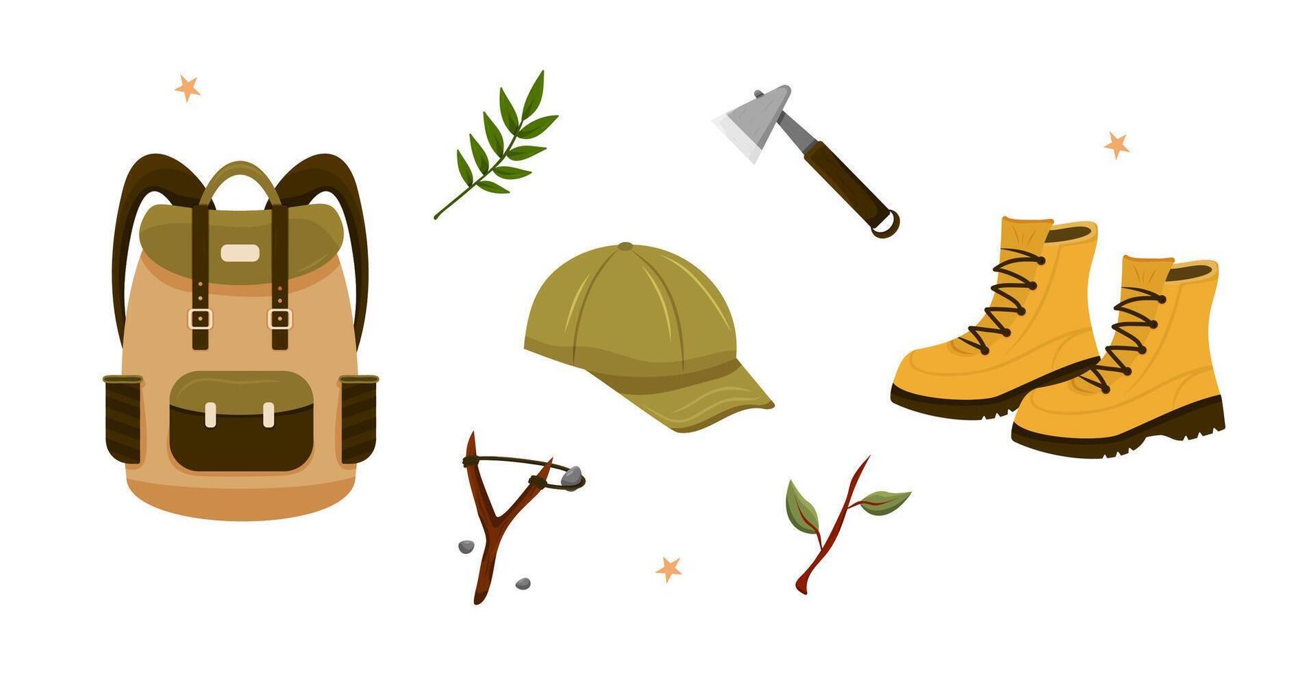 Camping gear set with boots, backpack, cap, axe, slingshot, and leaves, outdoor adventure vector