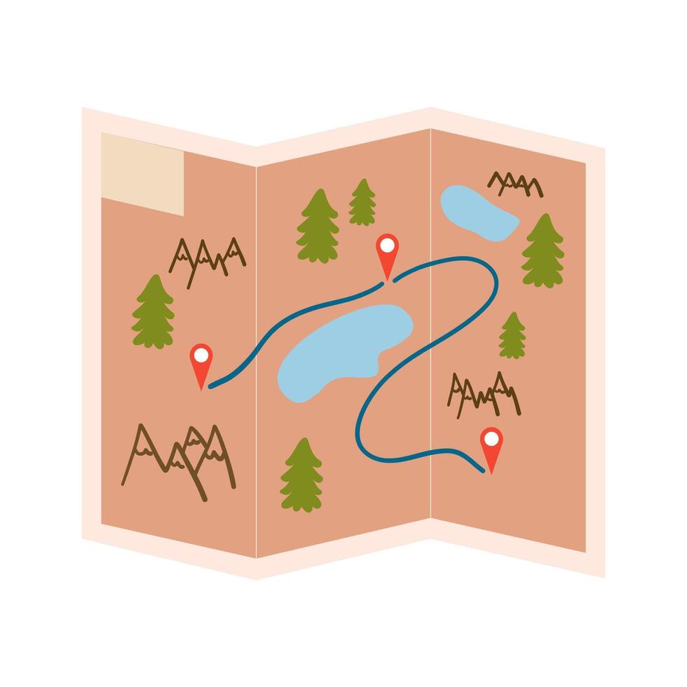 Folded travel map with trees, lakes, and route markers shown. vector