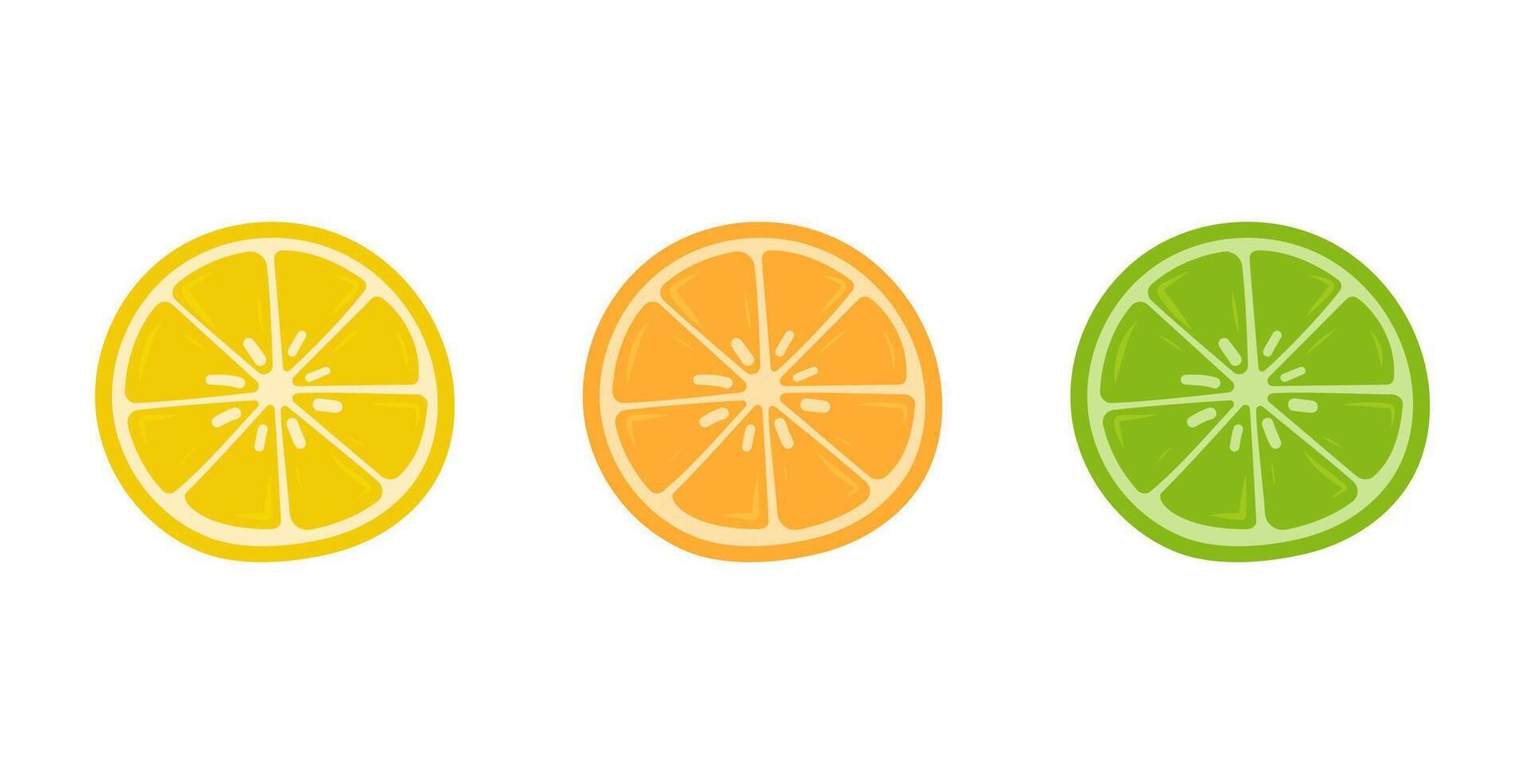Colorful lemon, orange, and lime slices in flat graphic style, fruits, summer vector