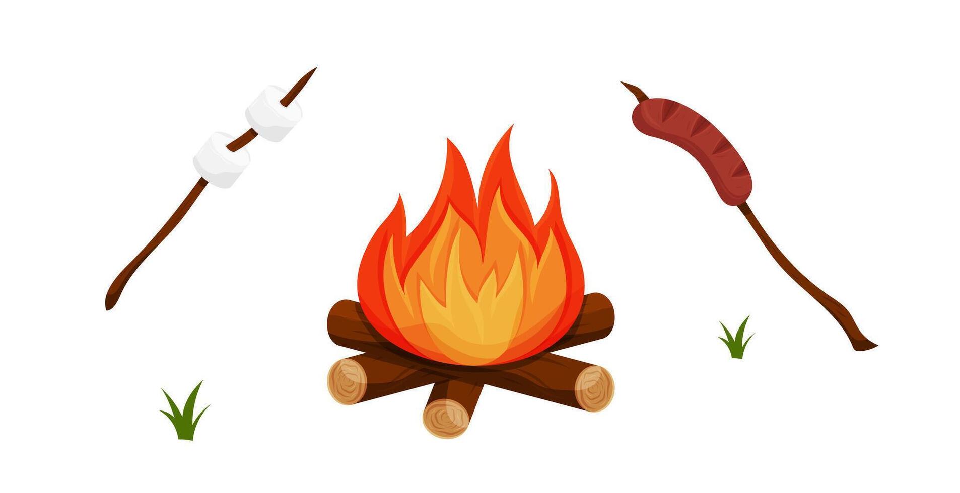 Camping set.Campfire with marshmallows and sausage on sticks vector