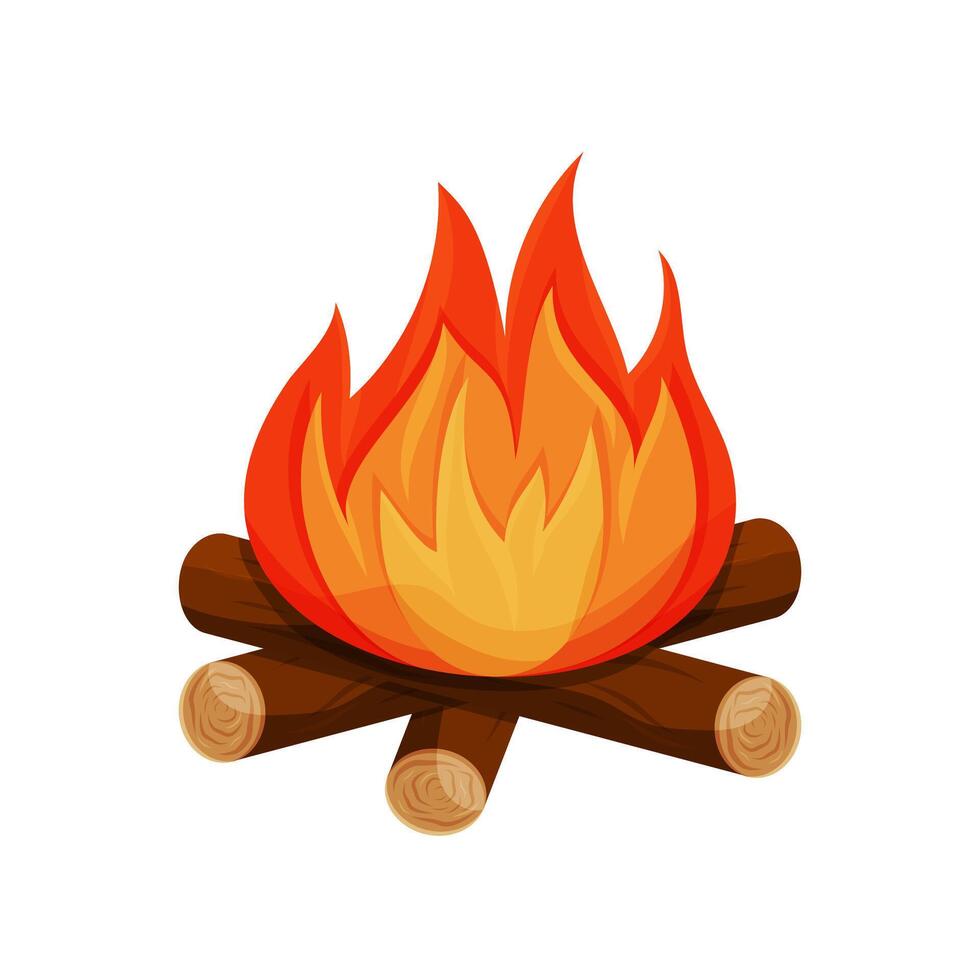 Campfire with bright flames and wooden logs in flat style, camping vector