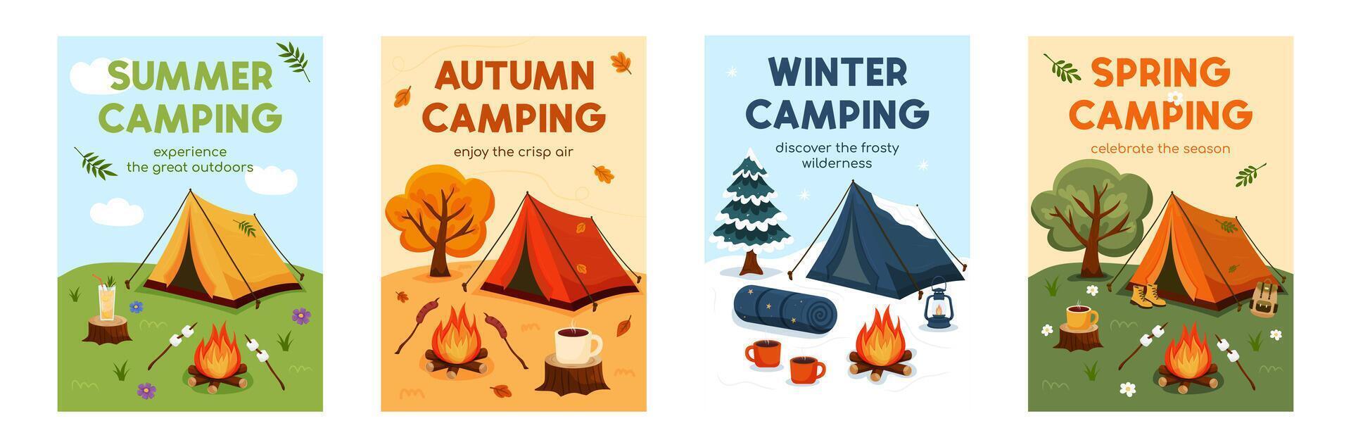 Four seasonal camping themed illustrations vector