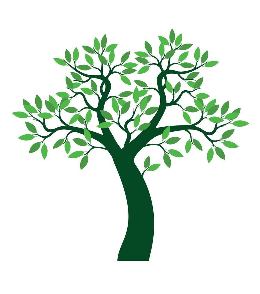 A tree drawn by hand. Green leaves on branches and curved trunk. vector