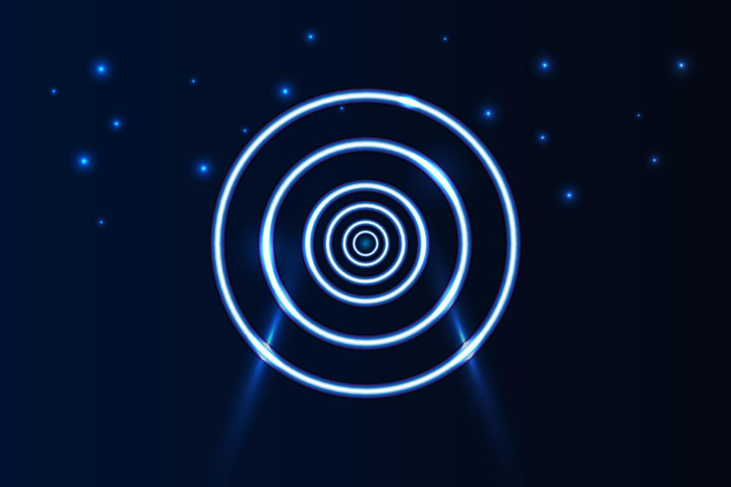 Abstract concentric neon blue circles glowing against a dark backdrop with scattered light particles, perfect for tech or sci fi themes vector