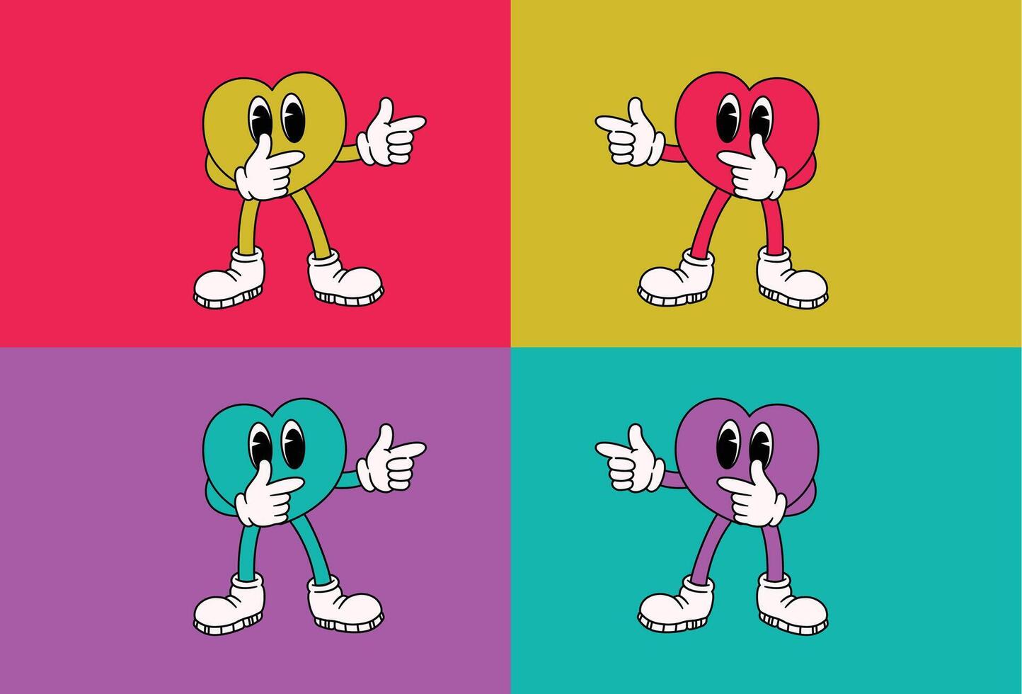 Charming Heart Characters Pointing Pop Art Style Illustrations vector