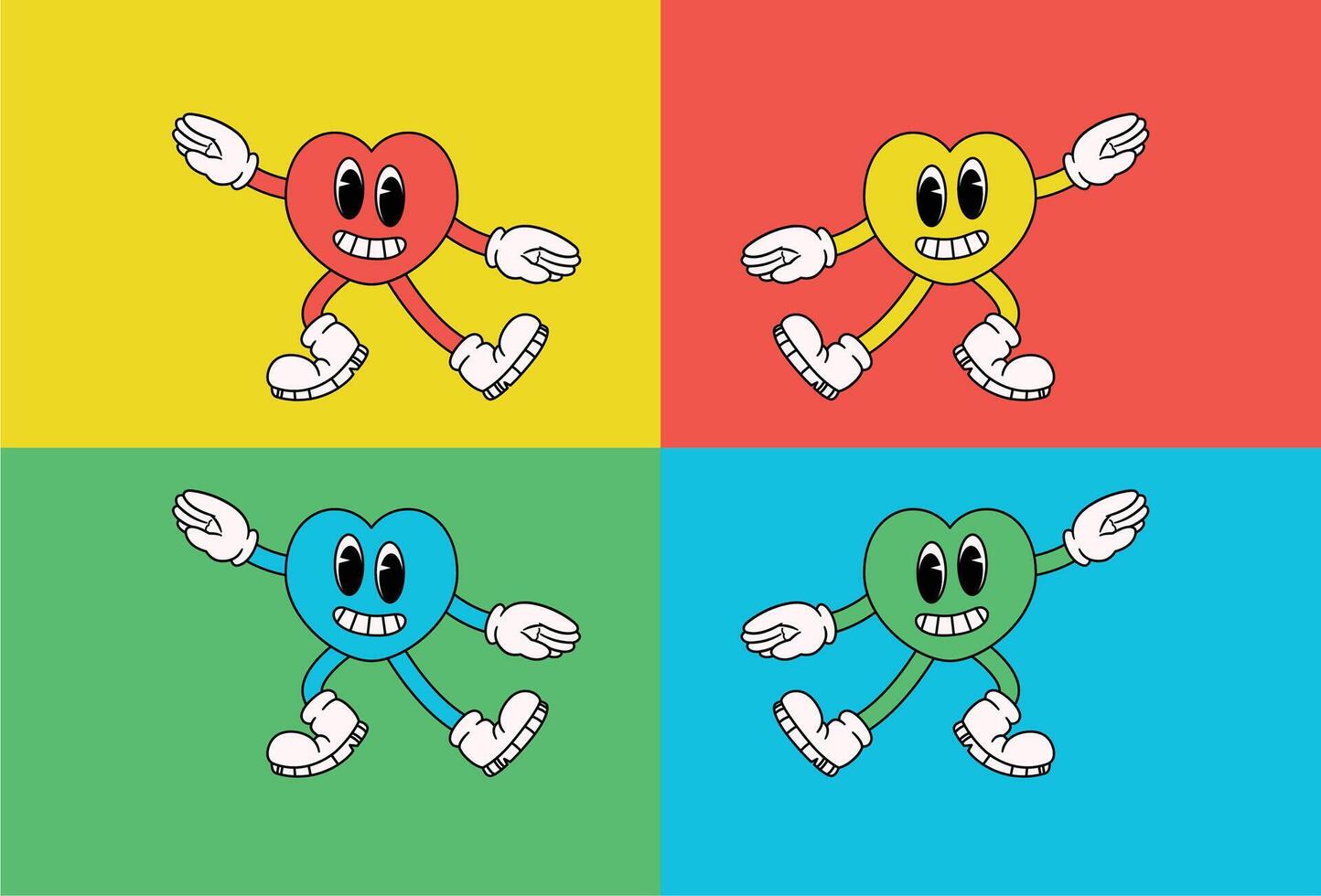 Groovy Pop Art Hearts Colorful Retro Illustration of Happy Dancing Hearts vector
