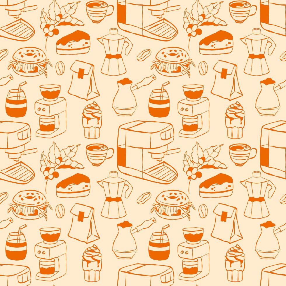 Seamless pattern with doodle coffee and desserts on a light background vector