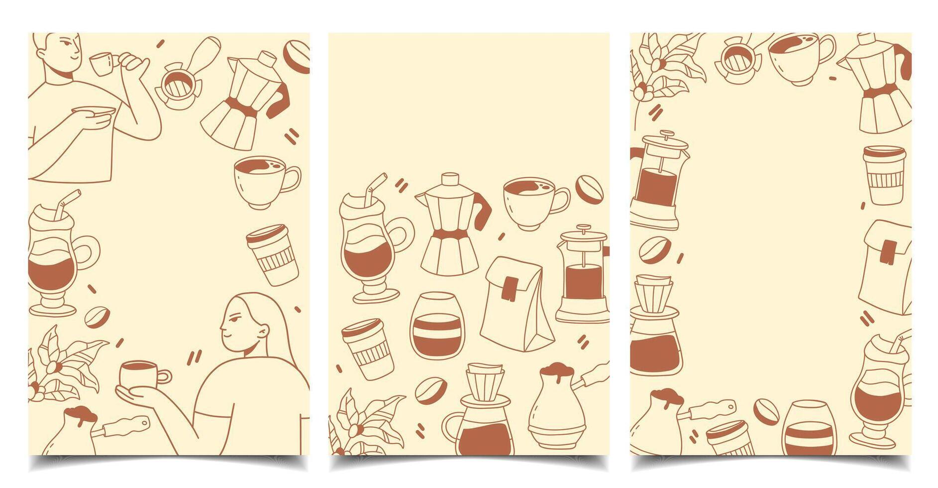 set of vertical banners, hand-drawn coffee doodle templates vector